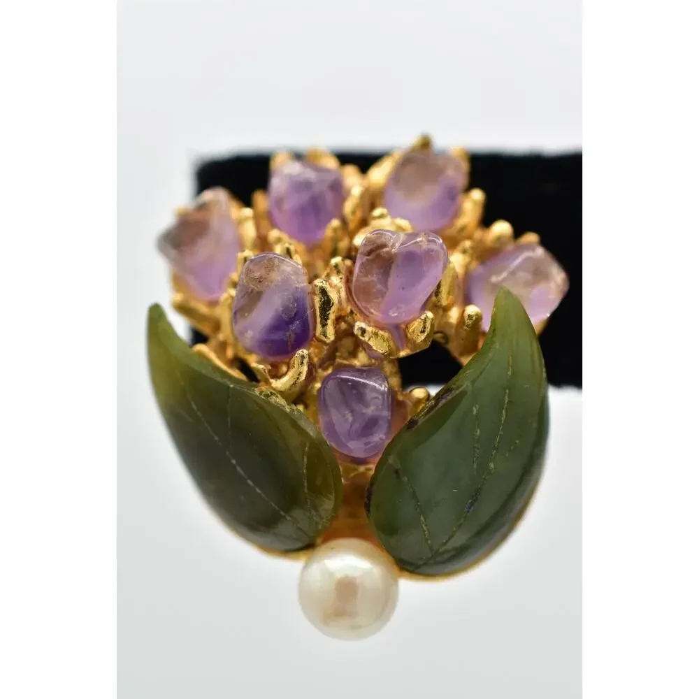 Swoboda Vintage Clip On Earrings Pearl Amethyst Jade Semi-Precious Signed 60s 9L